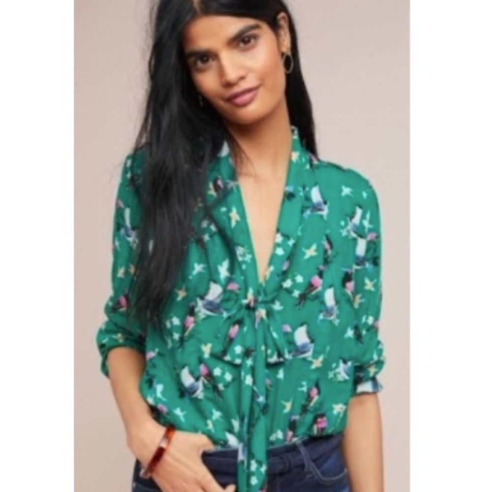 Anthropologie Green Bird-Print Tie-Neck Blouse